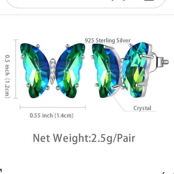 BUTTERFLY Green & Blue Multicolor Gradient Crystal Butterfly Earrings NIB - Picture 4 of 5